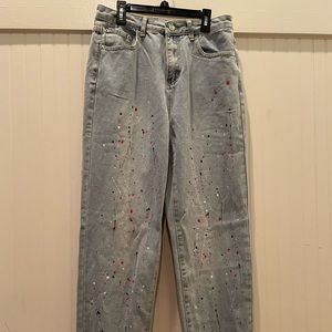 shein, medium, blue jeans with red white and blue splatter paint